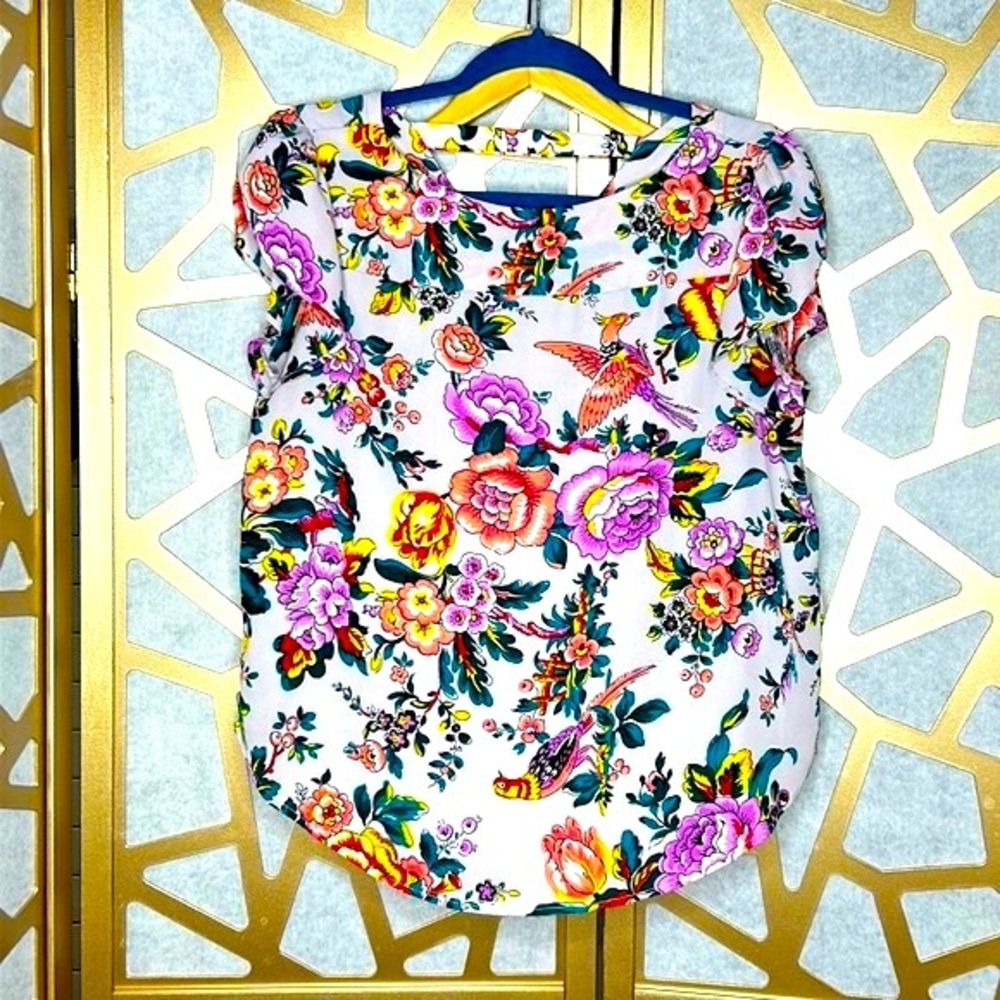 Bird Rose Grey Floral Blouse Back Cut Out‎